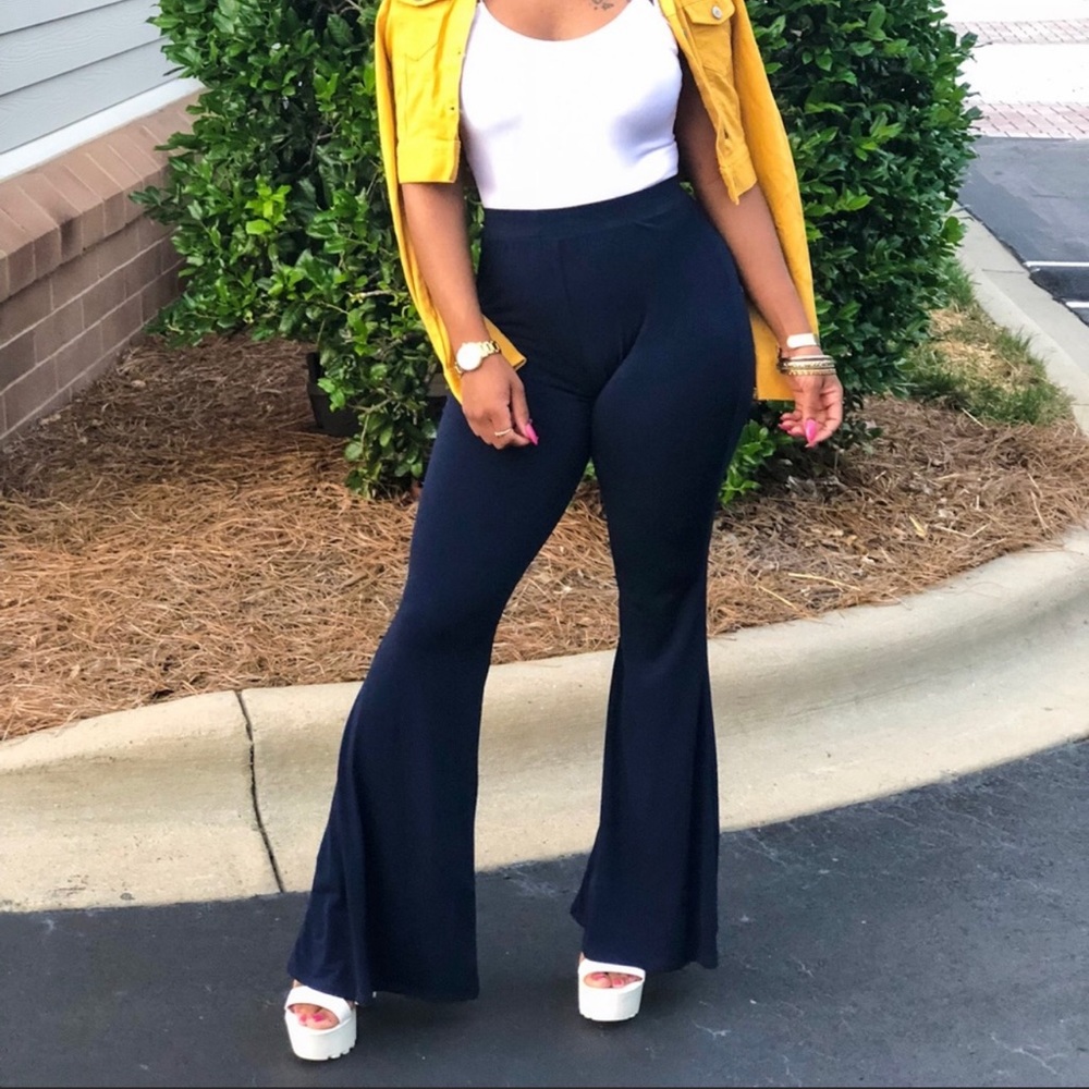 Blue high waisted, wide leg flared trousers